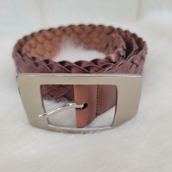 Calvin Klein large buckle woven leather Belt Brown Wmns Sz Med - Picture 1 of 4